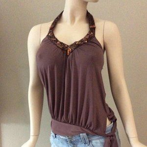 Arden B. Brown Beaded Neckline Halter Top Size S